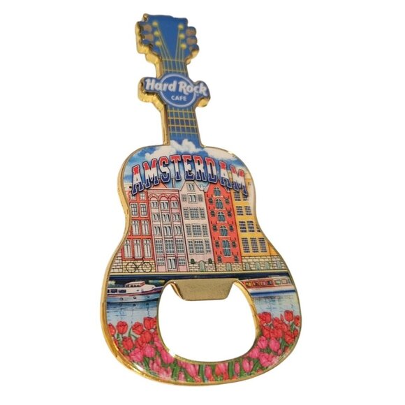 Hard Rock Cafe Amsterdam Bottle Opener Guitar Magnet 2020 Colorful Buildings - Picture 1 of 3